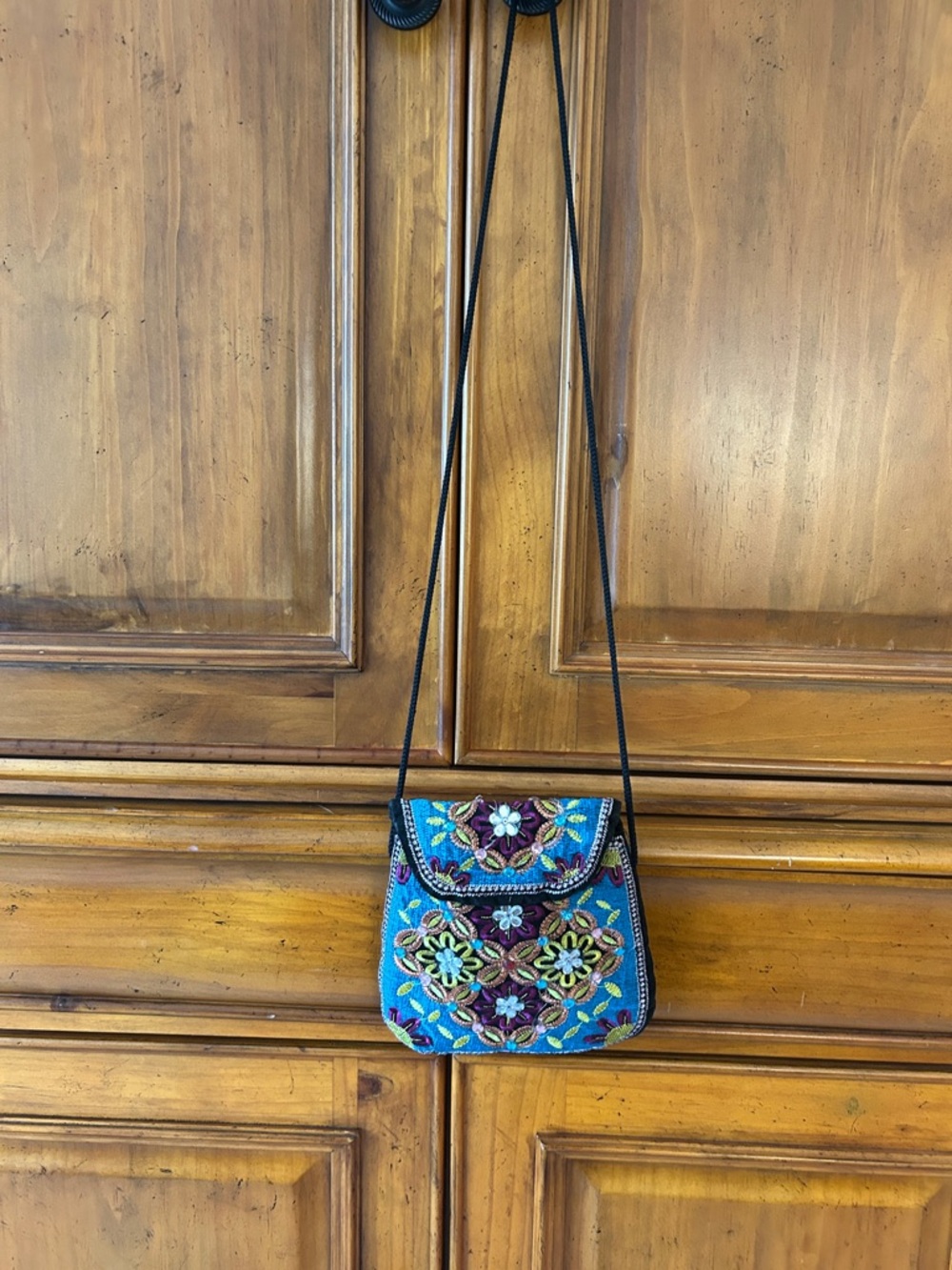 Embroidered Teal Floral Wristlet Crossbody Bag